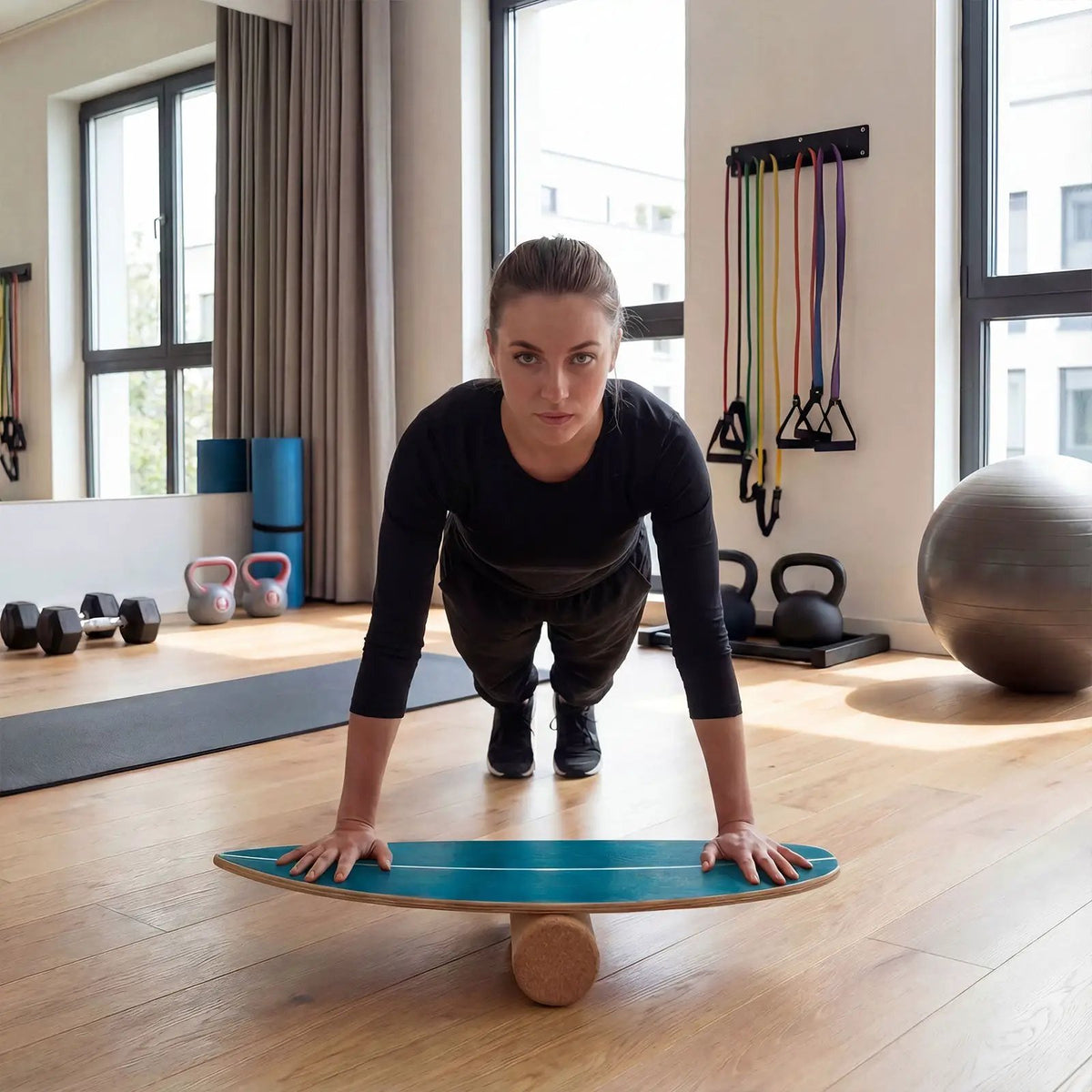 Wooden Balancing Board with Cork Roller and Storage Rack to Exercise, photo 3 of 16