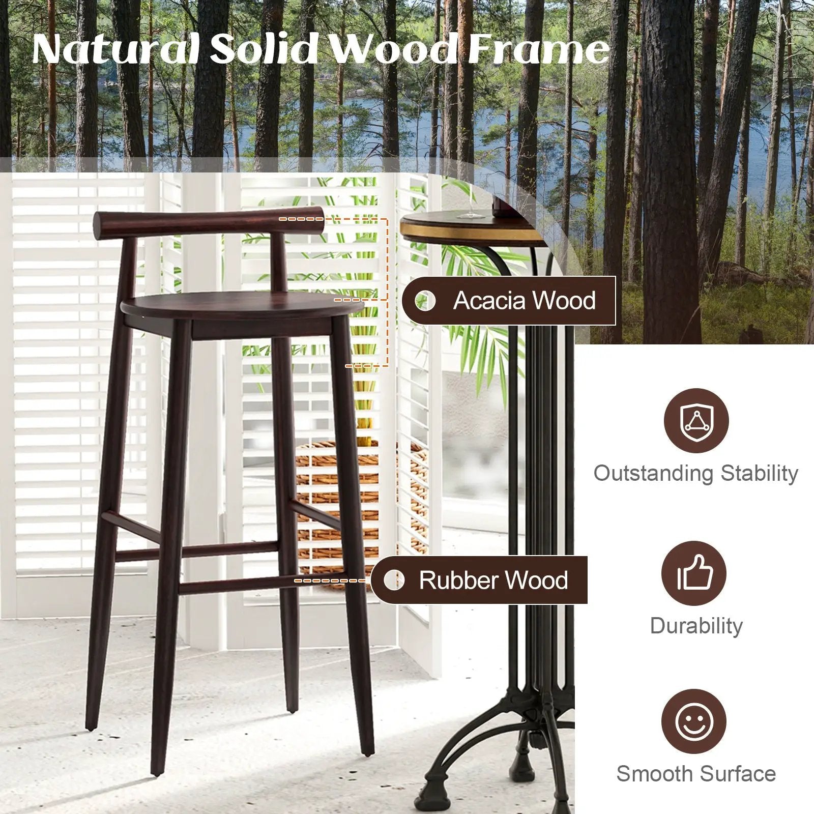 Wooden Bar Chair Set of 2 with Backrest and Footrest for Home Restaurant Cafe by DirectDeals