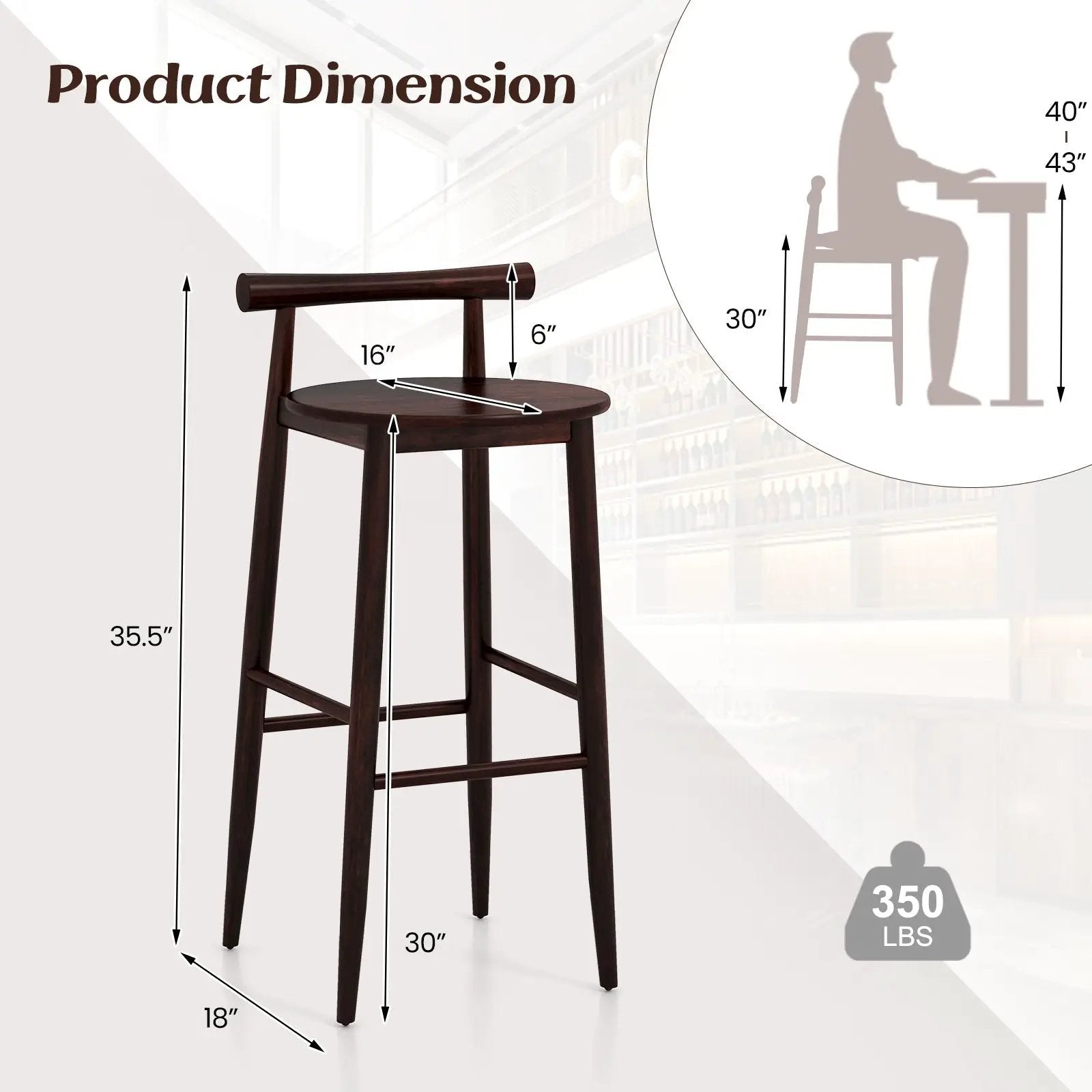Wooden Bar Chair Set of 2 with Backrest and Footrest for Home Restaurant Cafe by DirectDeals