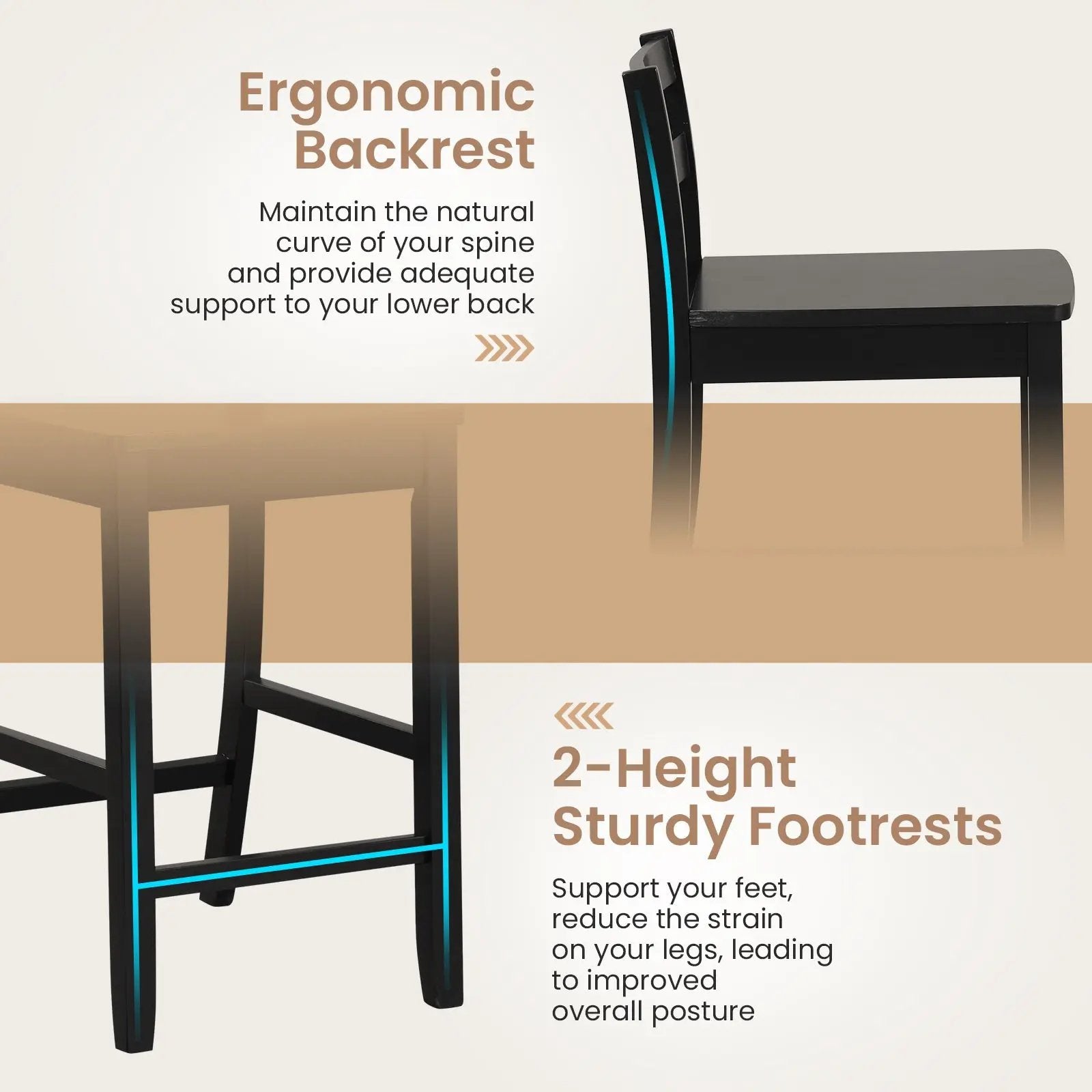 Wooden Bar Stools Set of 2 with Ergonomic Backrest and Footrest by DirectDeals