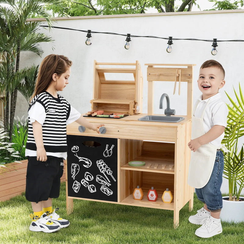 Wooden Barbecue Grill Playset with Chalkboard and Sink and Cabinet-Natural by DirectDeals