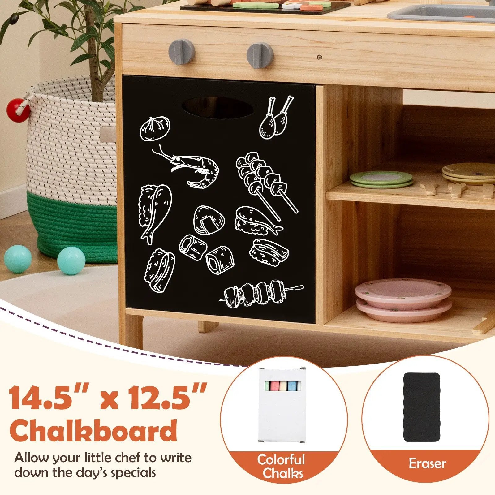 Wooden Barbecue Grill Playset with Chalkboard and Sink and Cabinet-Natural by DirectDeals