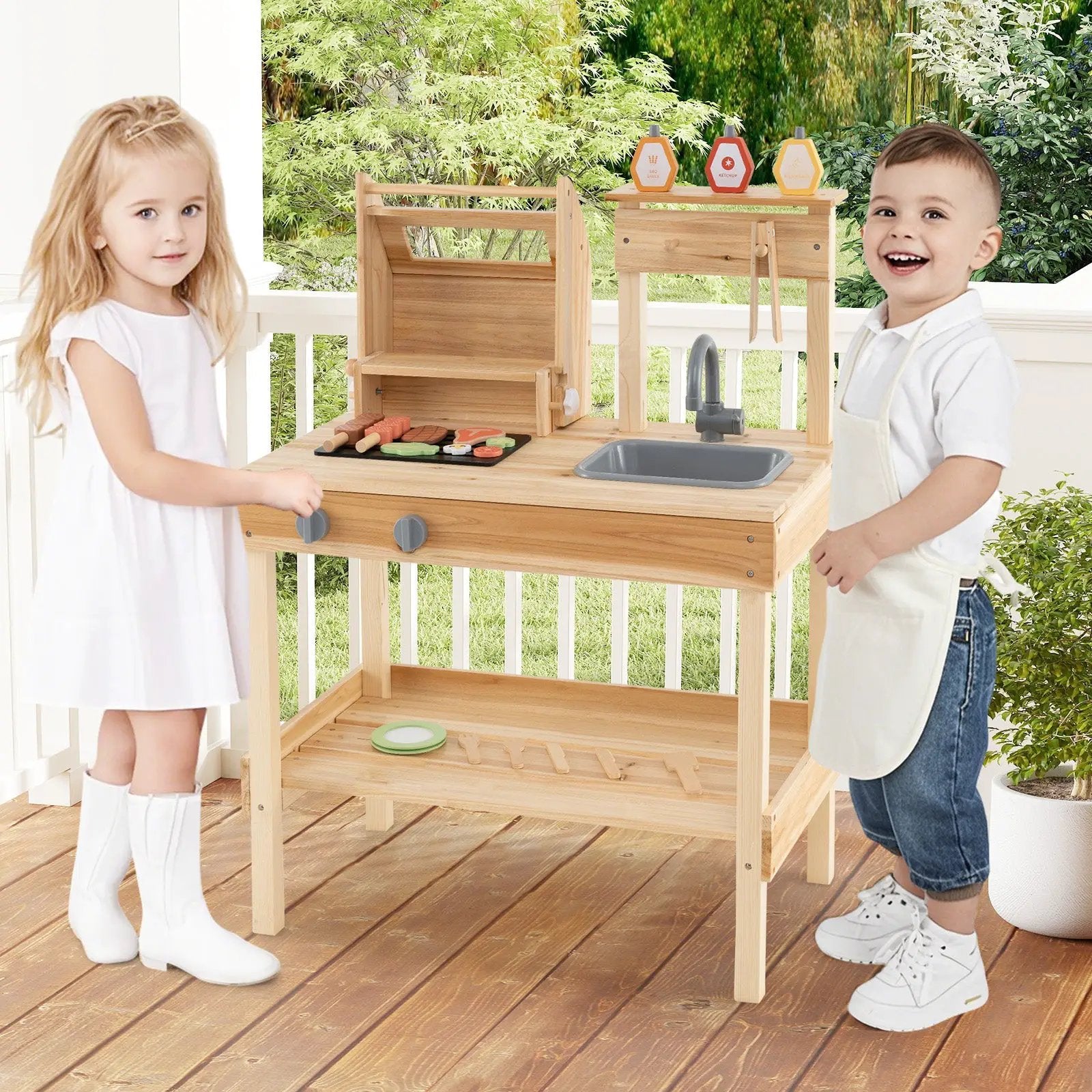 Wooden Barbecue Grill Playset with Play Food and Open Shelves-Natural by DirectDeals