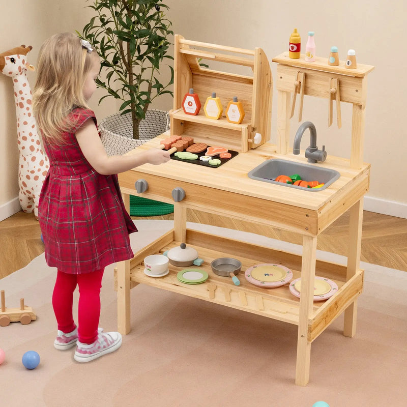 Wooden Barbecue Grill Playset with Play Food and Open Shelves-Natural by DirectDeals