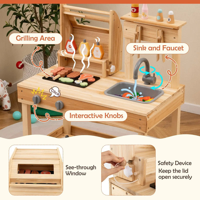 Wooden Barbecue Grill Playset with Play Food and Open Shelves-Natural by DirectDeals