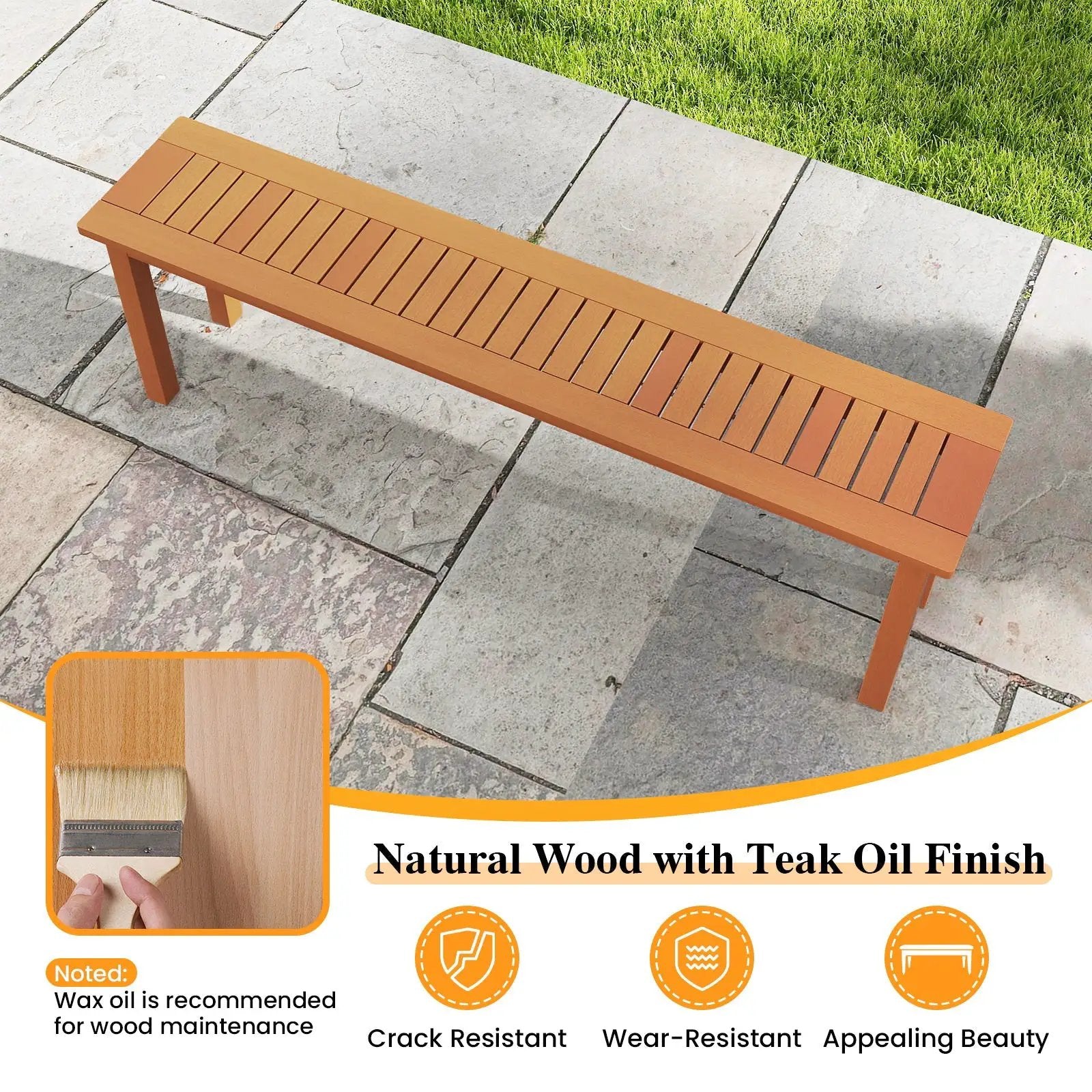 Outdoor 59 Inch Long Patio Dining Backless Wooden Bench with Teak Oil Finish by DirectDeals