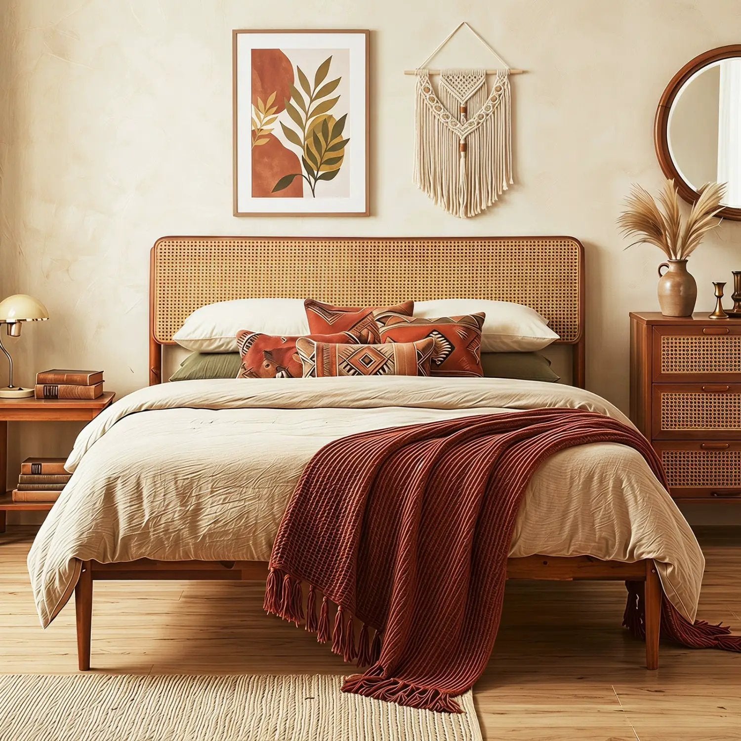 Queen Rattan Headboard Bed Frame with Wood Slat Support by DirectDeals