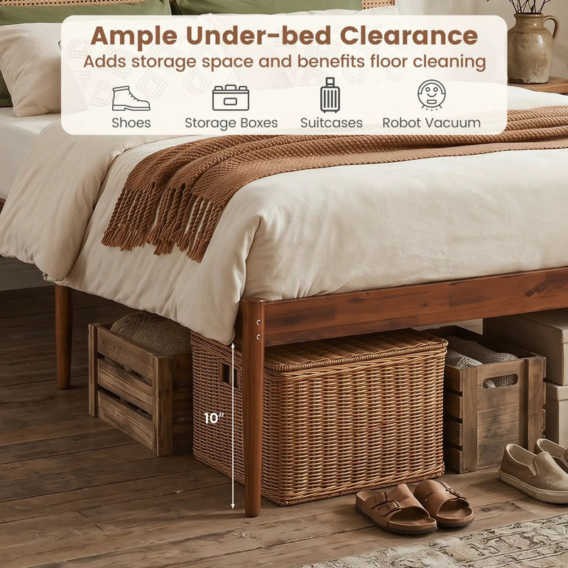 Queen Rattan Headboard Bed Frame with Wood Slat Support by DirectDeals