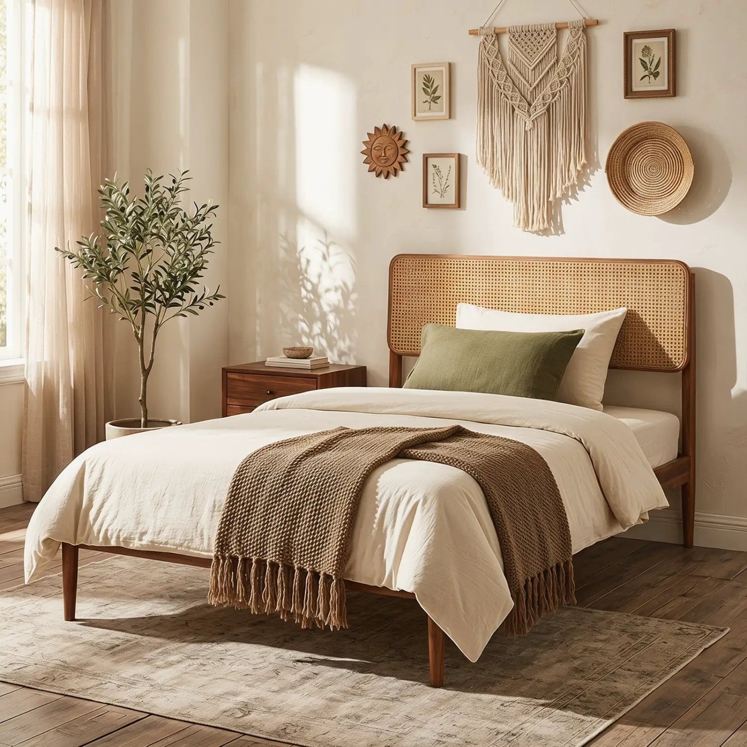 Queen Rattan Headboard Bed Frame with Wood Slat Support by DirectDeals