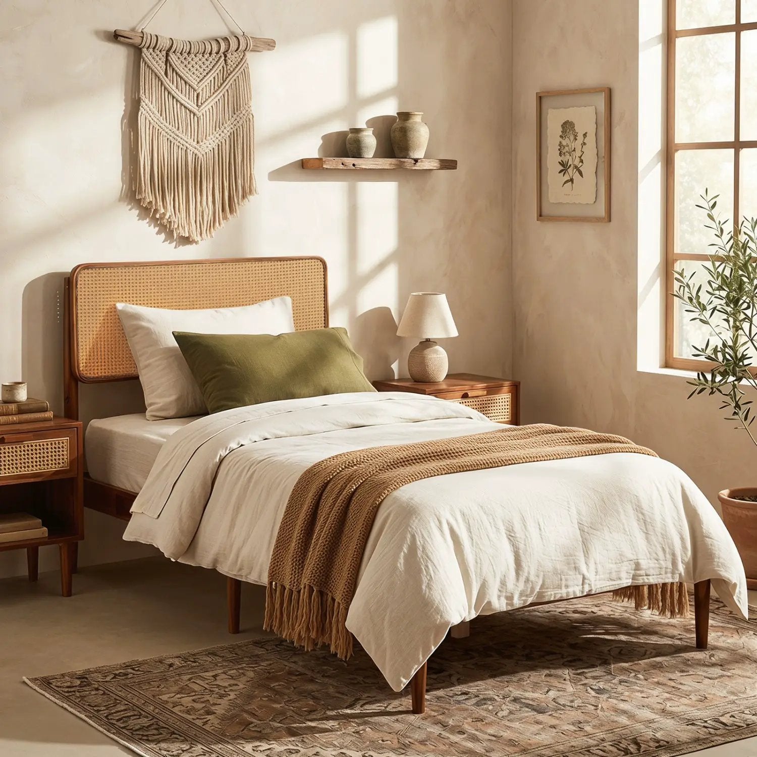 Queen Rattan Headboard Bed Frame with Wood Slat Support by DirectDeals
