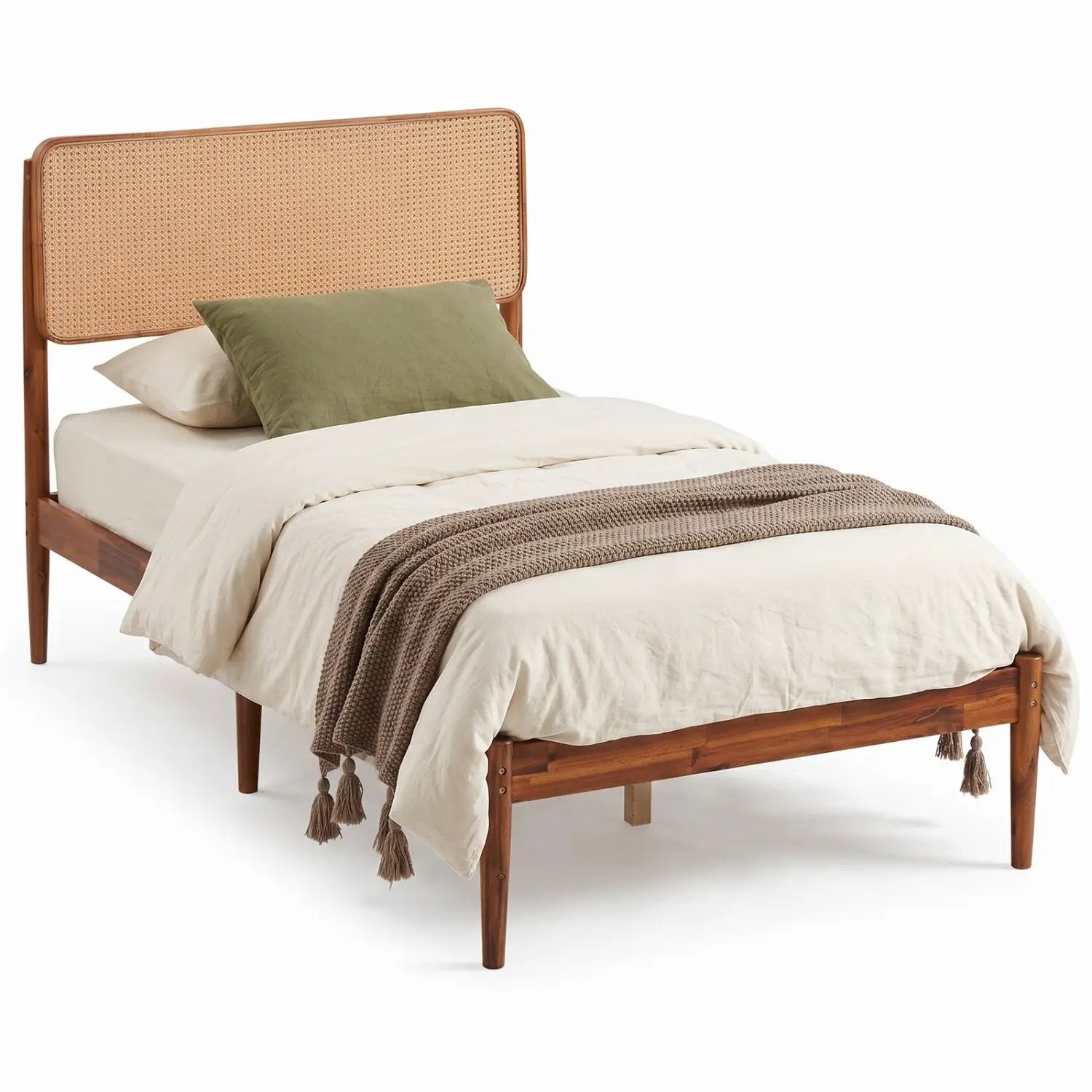 Queen Rattan Headboard Bed Frame with Wood Slat Support by DirectDeals