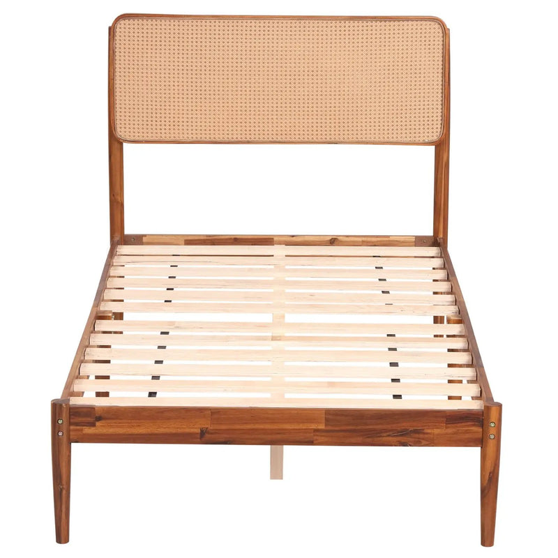 Queen Rattan Headboard Bed Frame with Wood Slat Support by DirectDeals