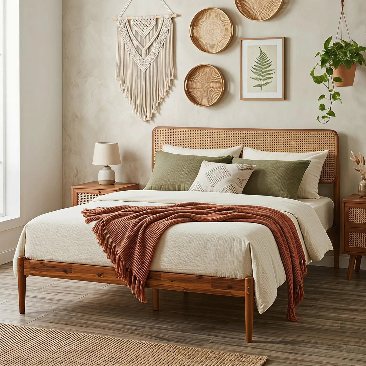Queen Rattan Headboard Bed Frame with Wood Slat Support, photo 18 of 24