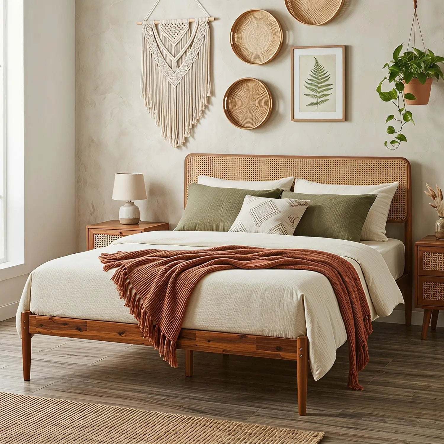 Queen Rattan Headboard Bed Frame with Wood Slat Support by DirectDeals