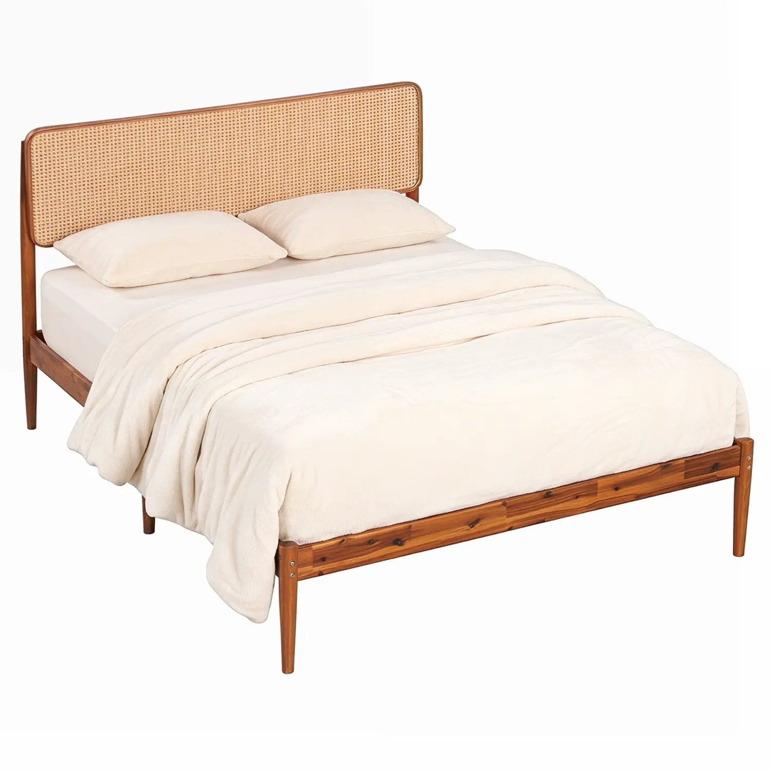 Queen Rattan Headboard Bed Frame with Wood Slat Support by DirectDeals