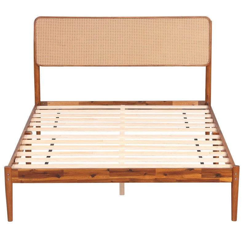 Queen Rattan Headboard Bed Frame with Wood Slat Support by DirectDeals