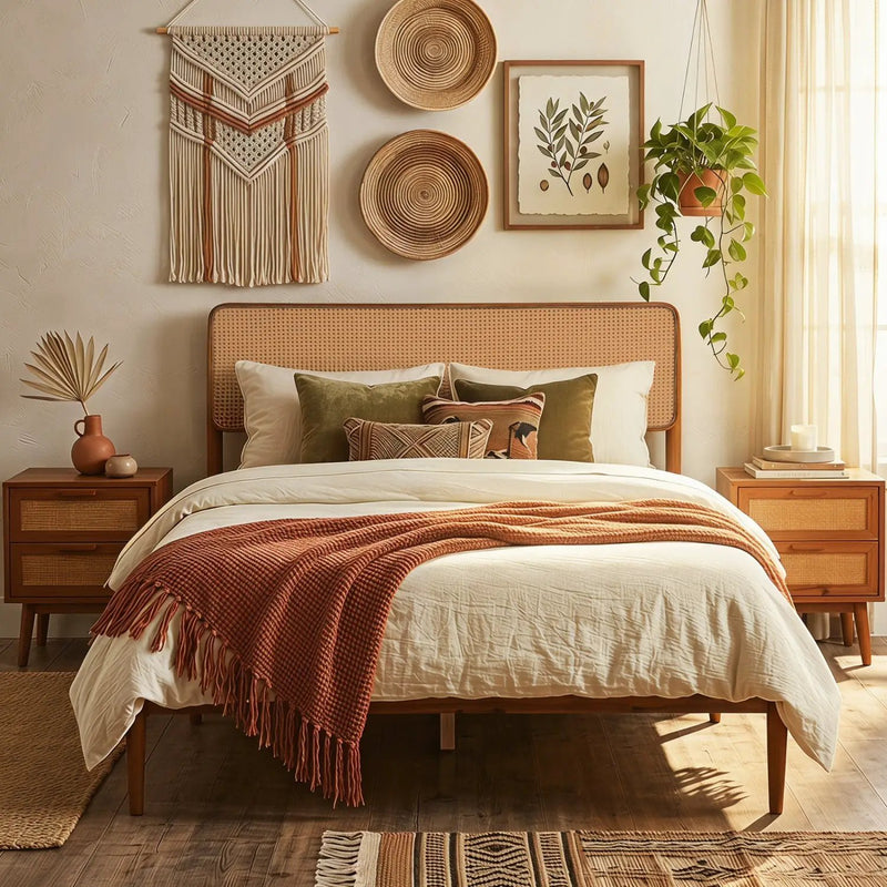 Queen Rattan Headboard Bed Frame with Wood Slat Support by DirectDeals