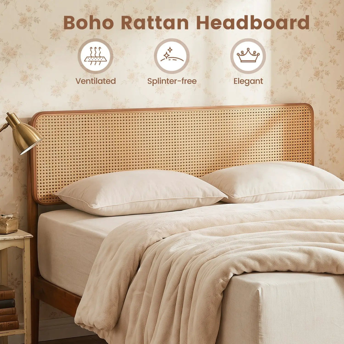 Queen Rattan Headboard Bed Frame with Wood Slat Support, photo 23 of 24