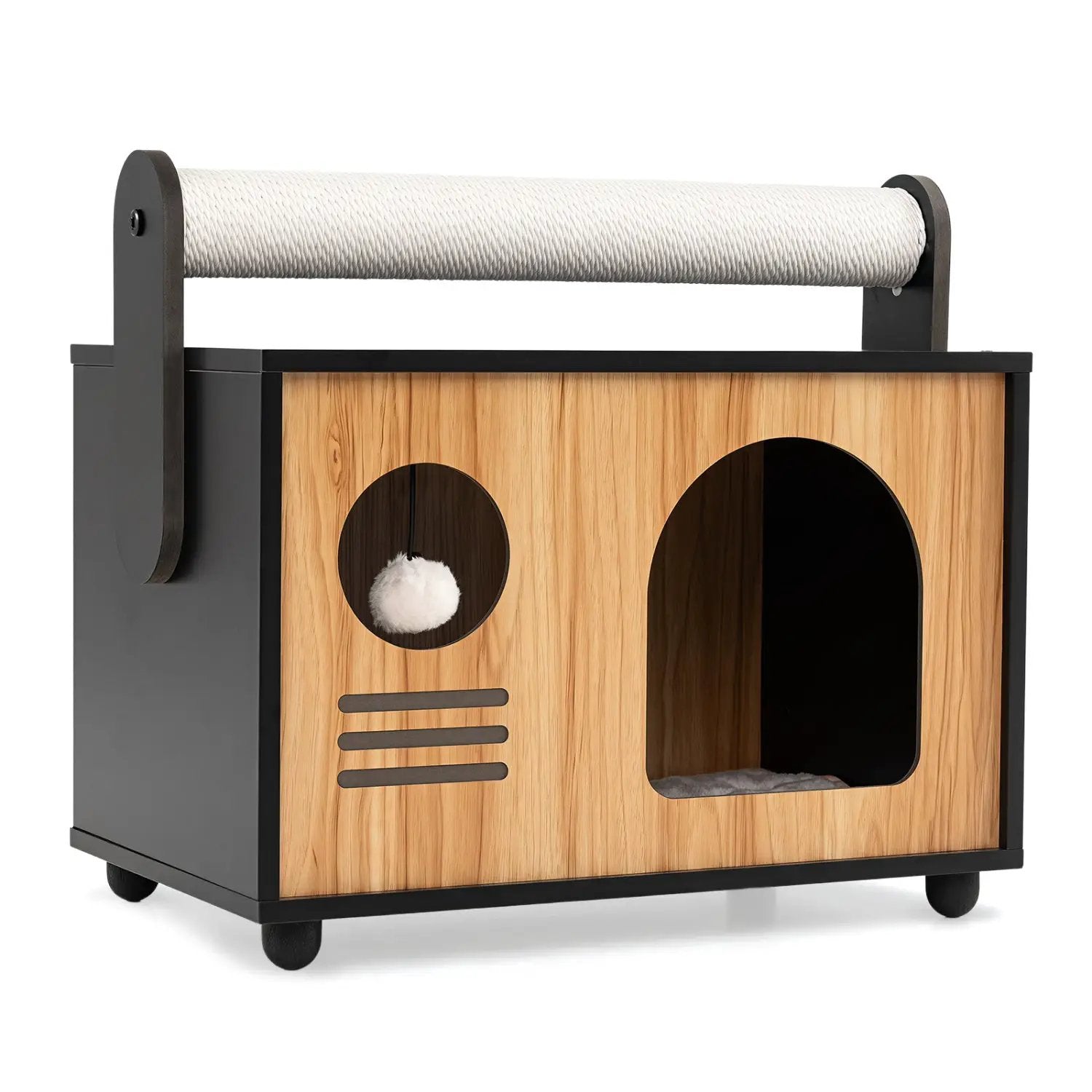 Wooden Cat House with Scratching Post and Cushion by DirectDeals