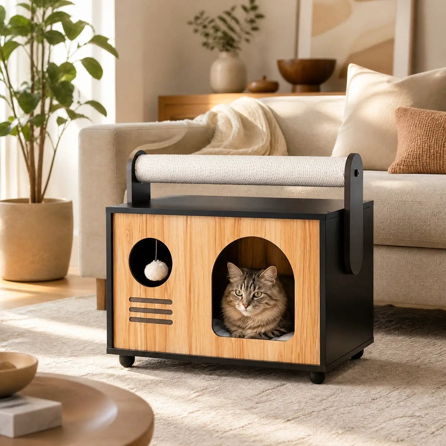 Wooden Cat House with Scratching Post and Cushion by DirectDeals