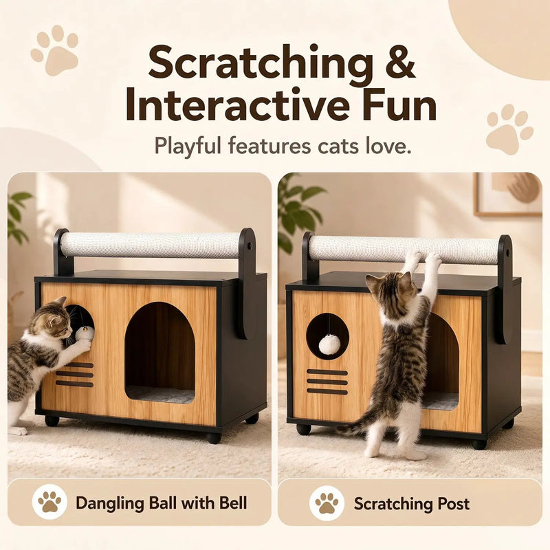 Wooden Cat House with Scratching Post and Cushion by DirectDeals
