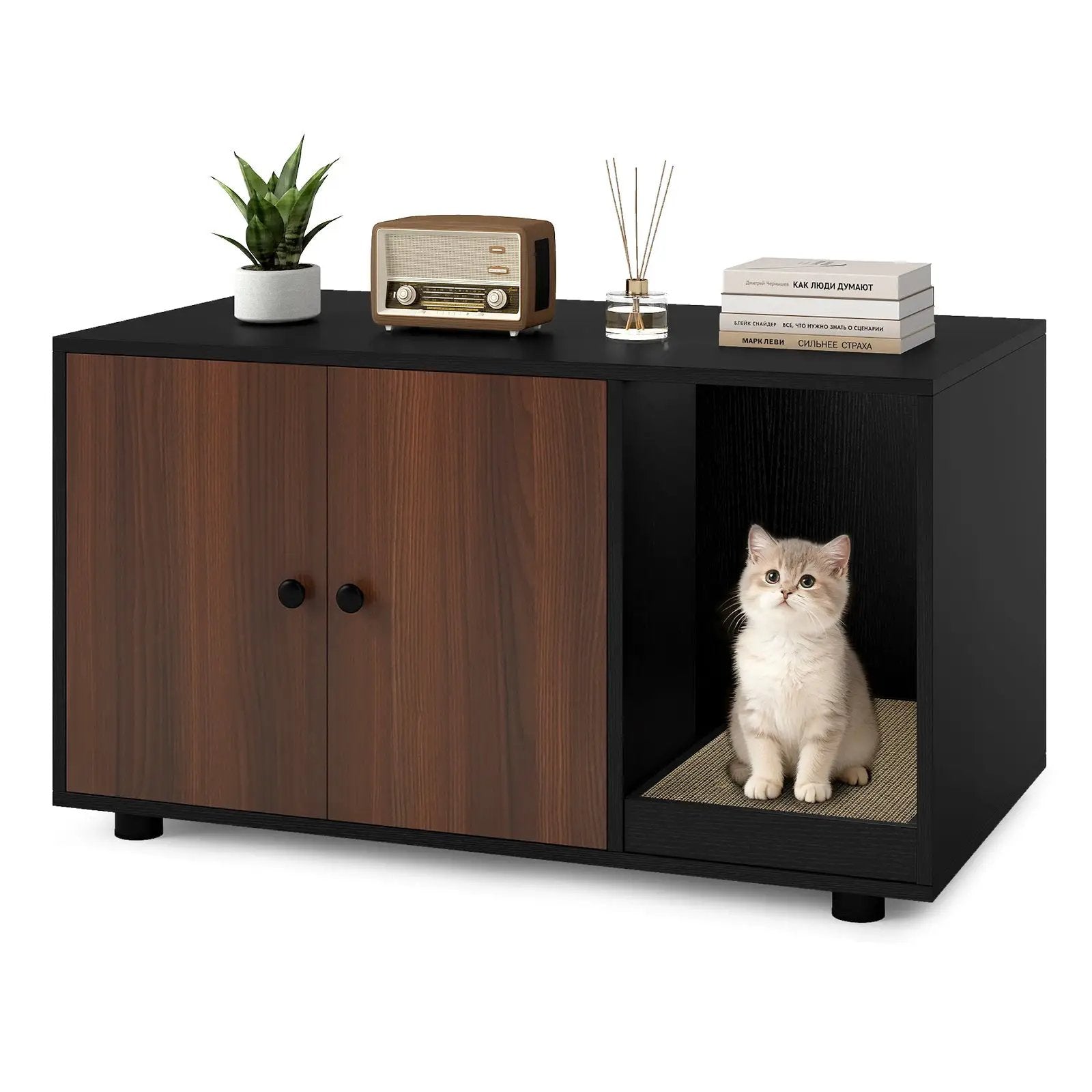Wooden Cat Litter Box Enclosure Hidden Litter Box Furniture with Scratching Board by DirectDeals
