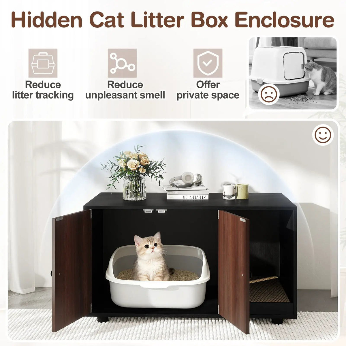 Wooden Cat Litter Box Enclosure Hidden Litter Box Furniture with Scratching Board, photo 18 of 24