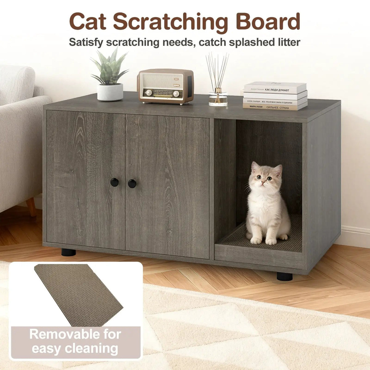 Wooden Cat Litter Box Enclosure Hidden Litter Box Furniture with Scratching Board, photo 19 of 24