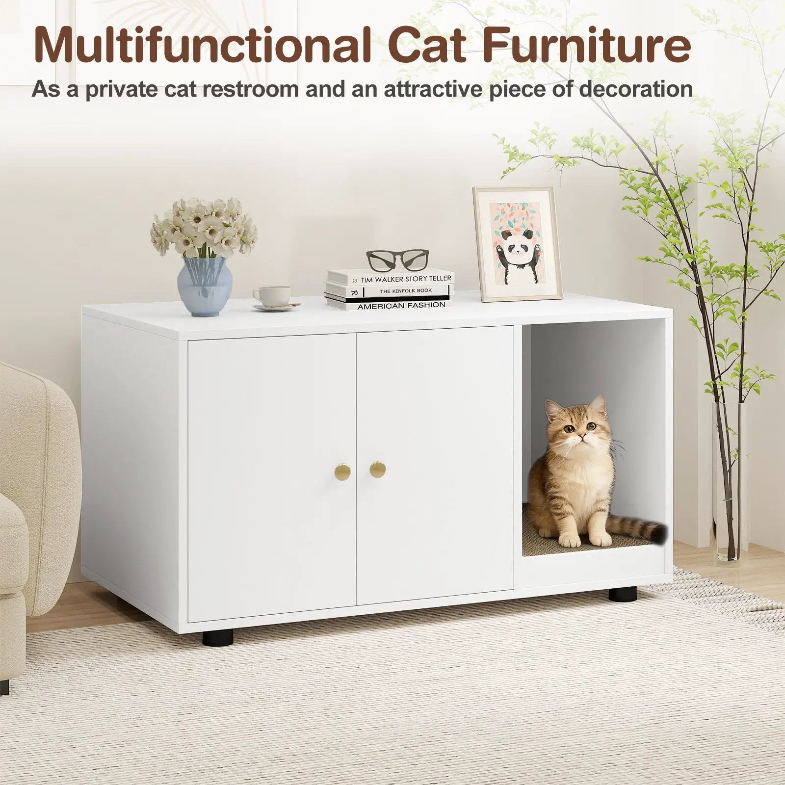 Wooden Cat Litter Box Enclosure Hidden Litter Box Furniture with Scratching Board by DirectDeals