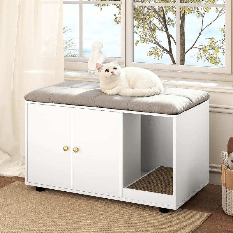 Wooden Cat Litter Box Enclosure Hidden Litter Box Furniture with Scratching Board by DirectDeals
