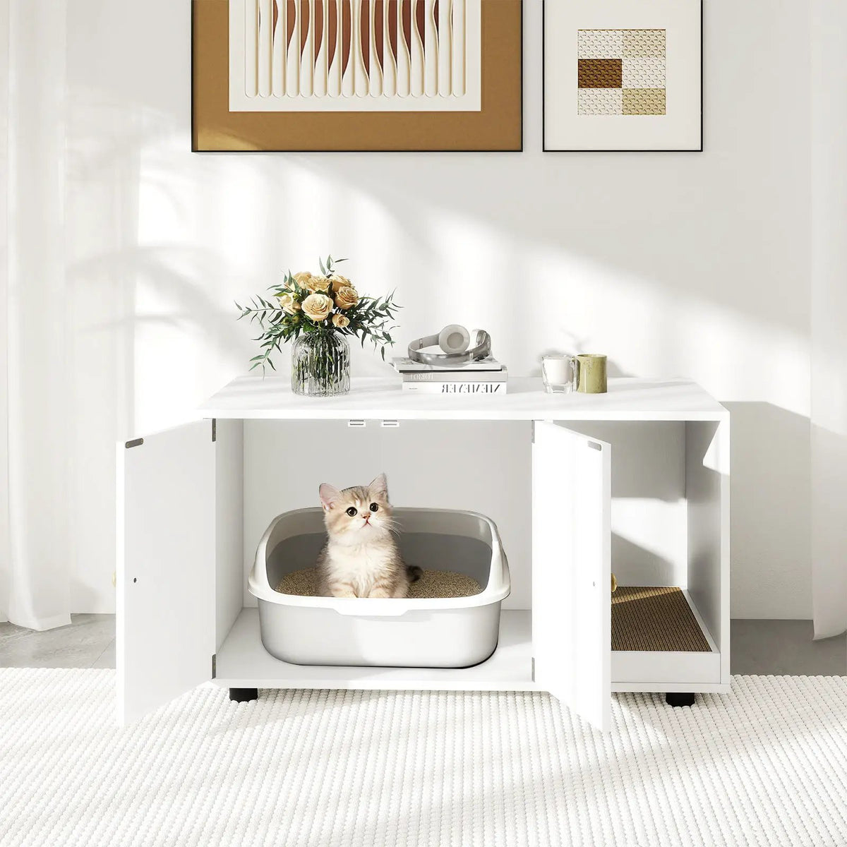 Wooden Cat Litter Box Enclosure Hidden Litter Box Furniture with Scratching Board, photo 4 of 24