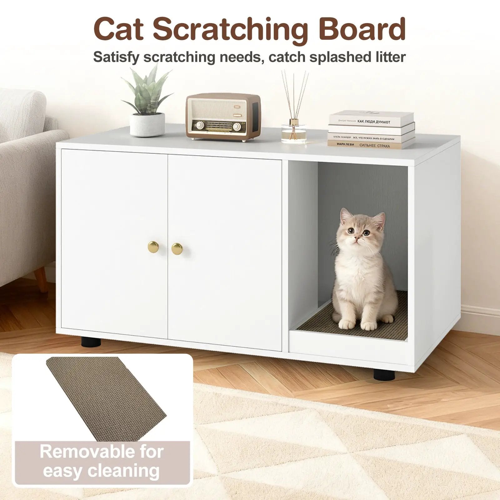 Wooden Cat Litter Box Enclosure Hidden Litter Box Furniture with Scratching Board by DirectDeals