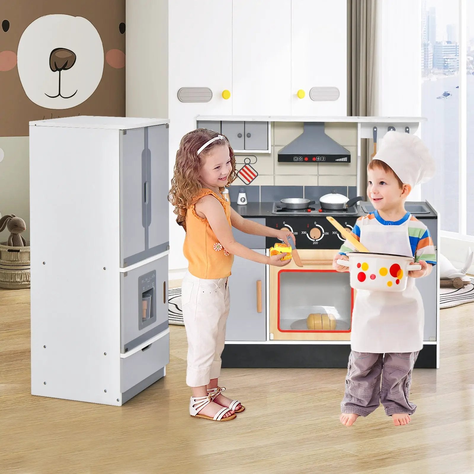Wooden Chef Play Kitchen and Refrigerator with Realistic Range Hood and Roaster by DirectDeals