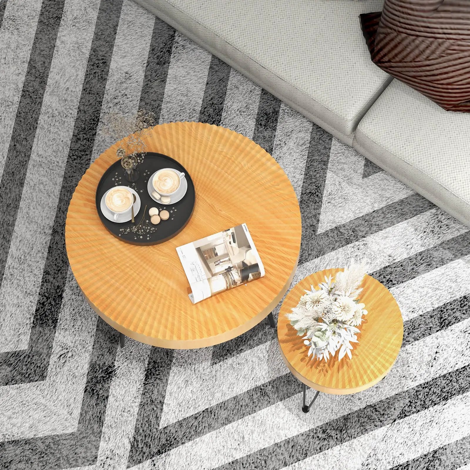 2 Set of Wooden Coffee Table with Metal Legs and Adjustable Foot Pads by DirectDeals