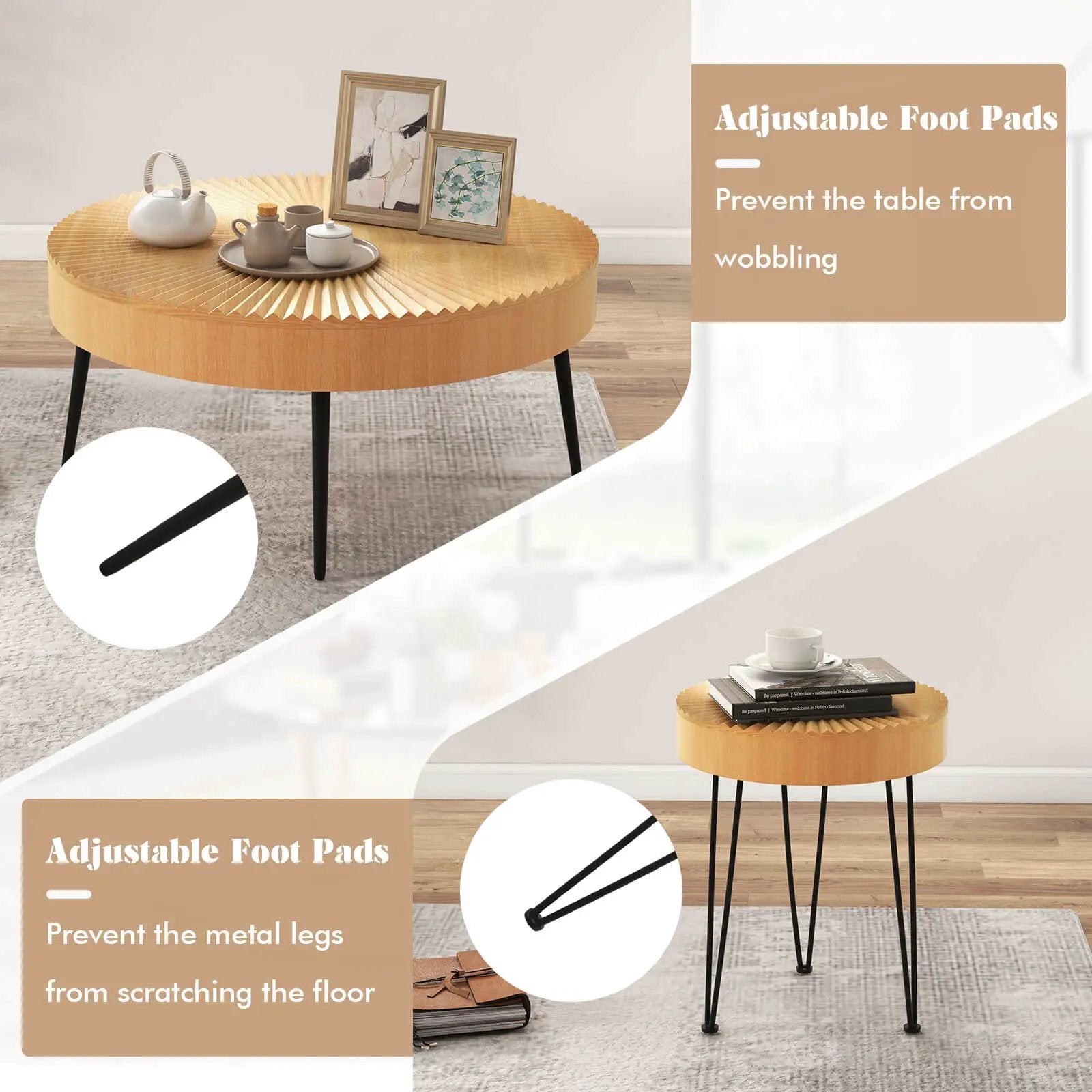 2 Set of Wooden Coffee Table with Metal Legs and Adjustable Foot Pads by DirectDeals
