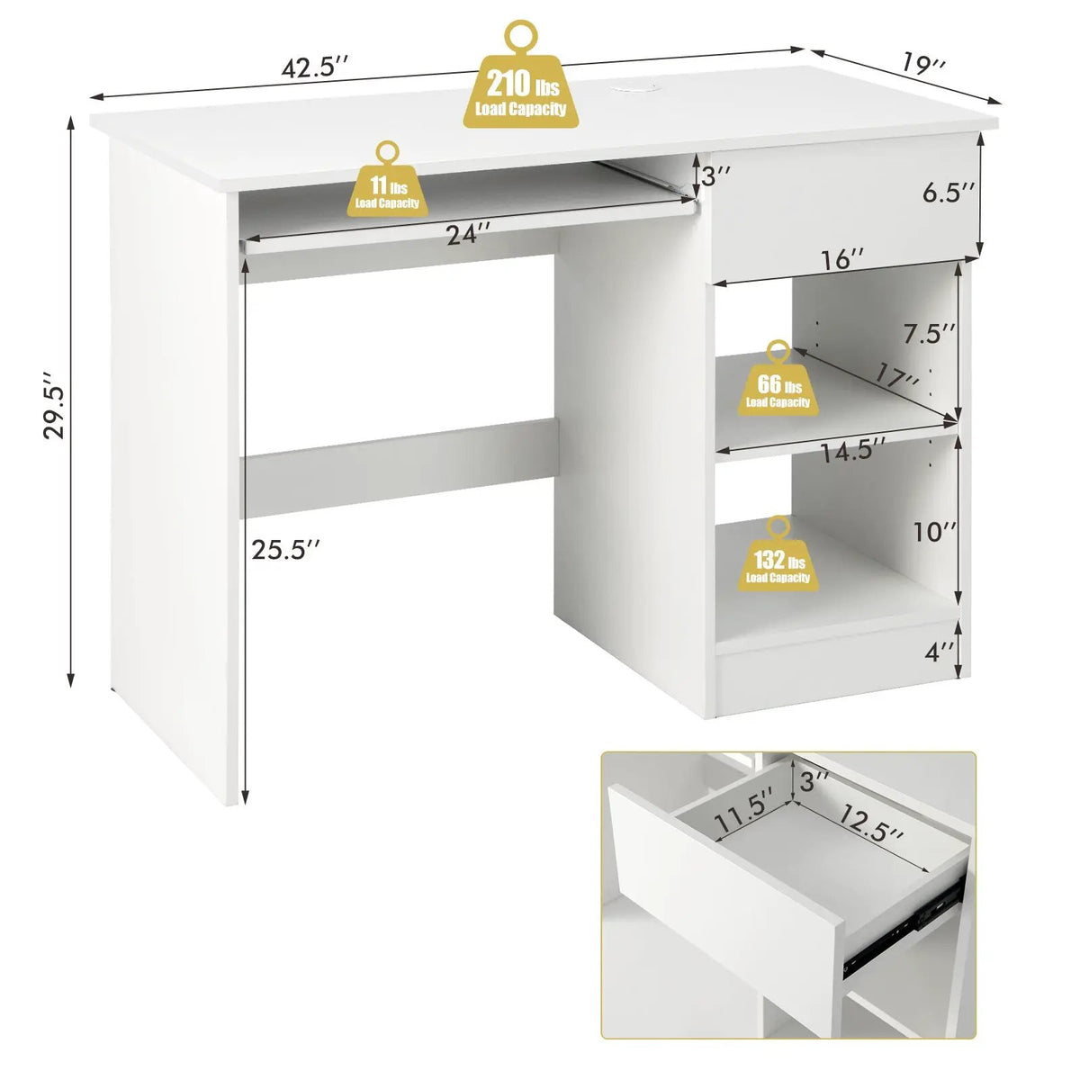 Wooden Computer Desk with CPU Stand, dimensions drawing