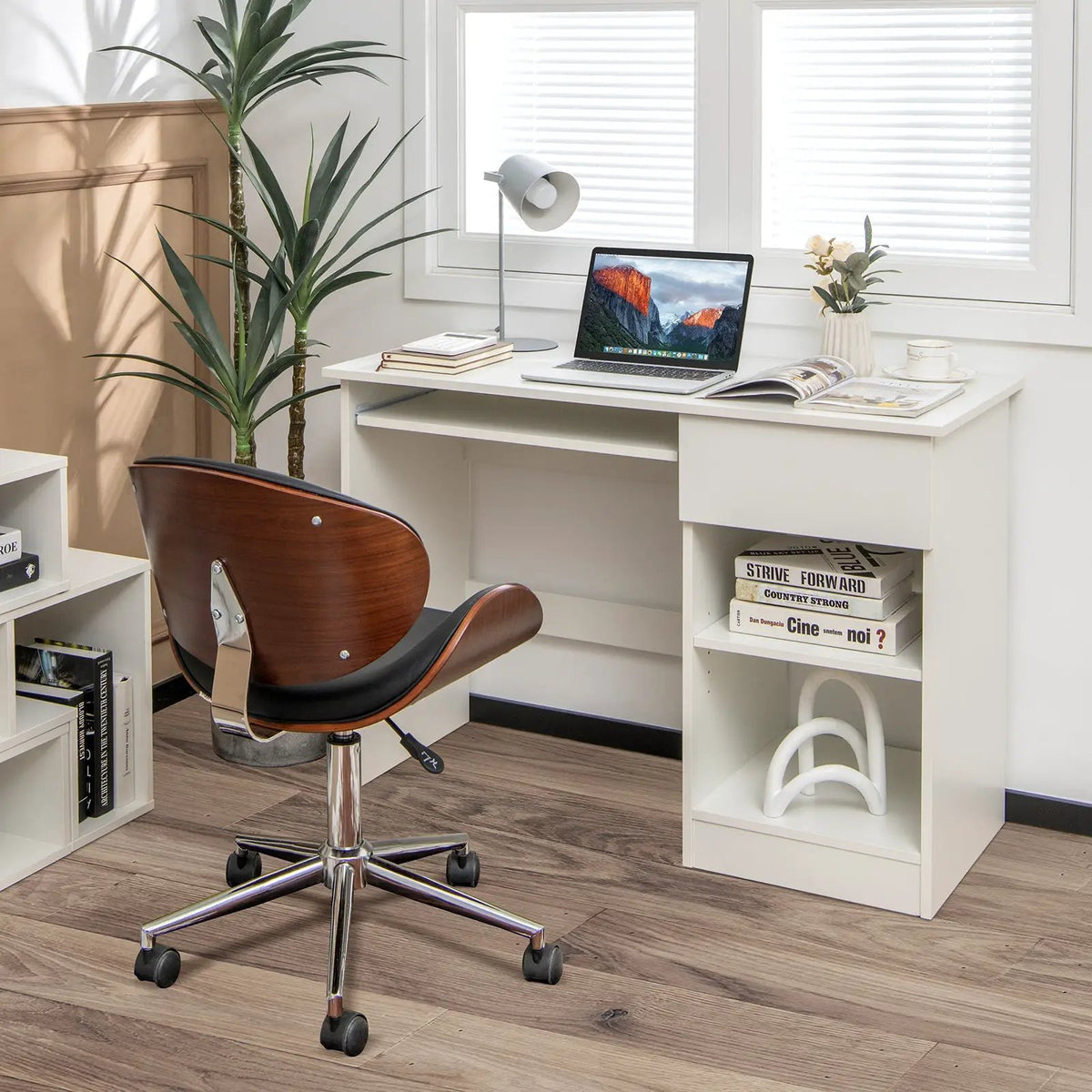 Wooden Computer Desk with CPU Stand, installed in a room