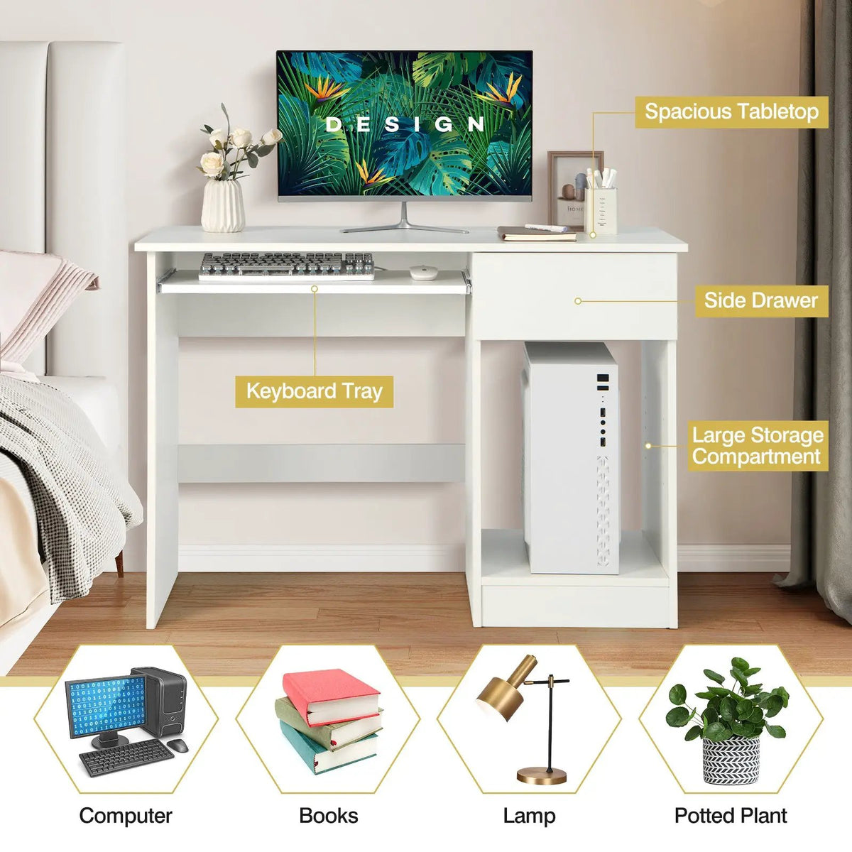 Wooden Computer Desk with CPU Stand, dimensions drawing 2