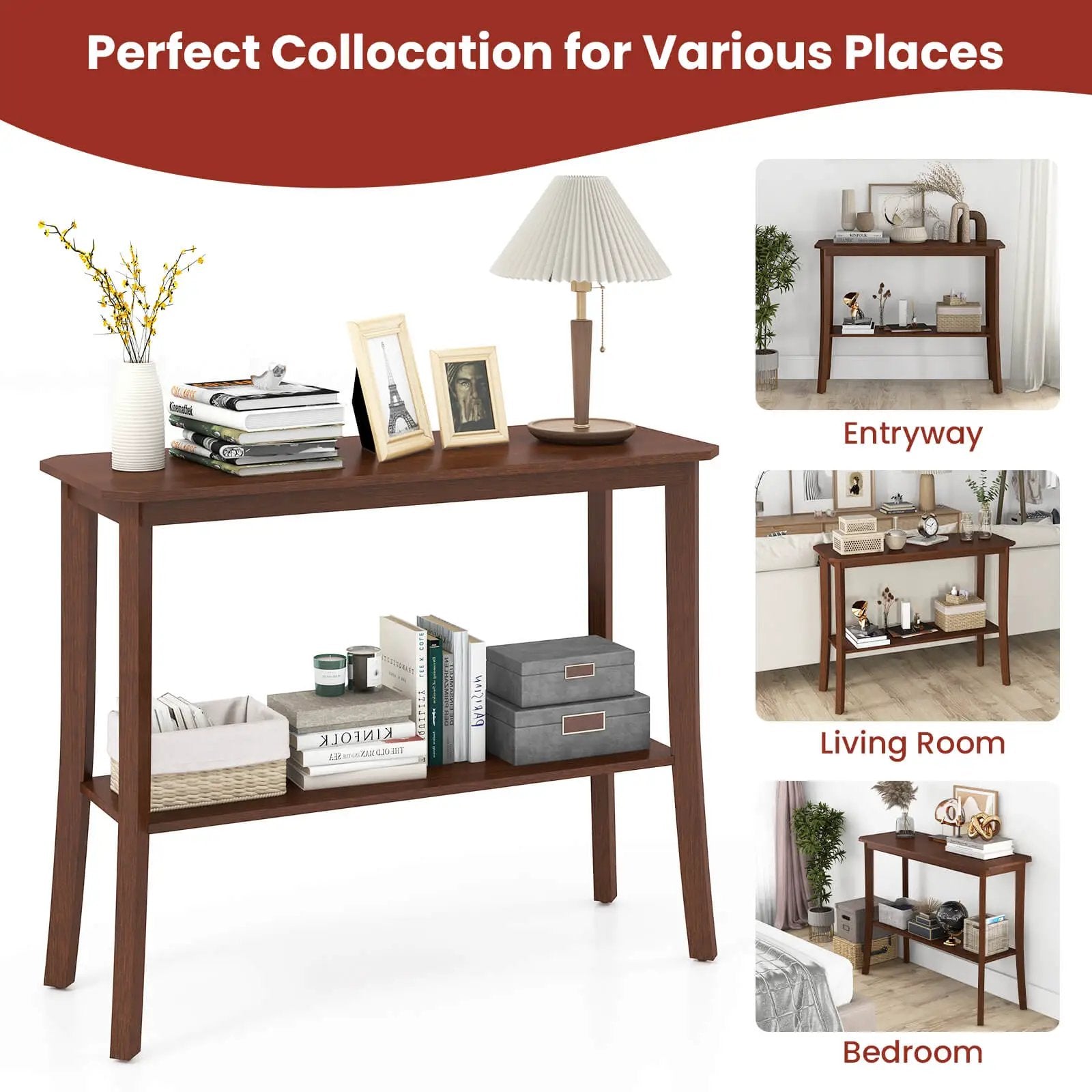 2-Tier Freestanding Wooden Console Table with Open Shelf by DirectDeals