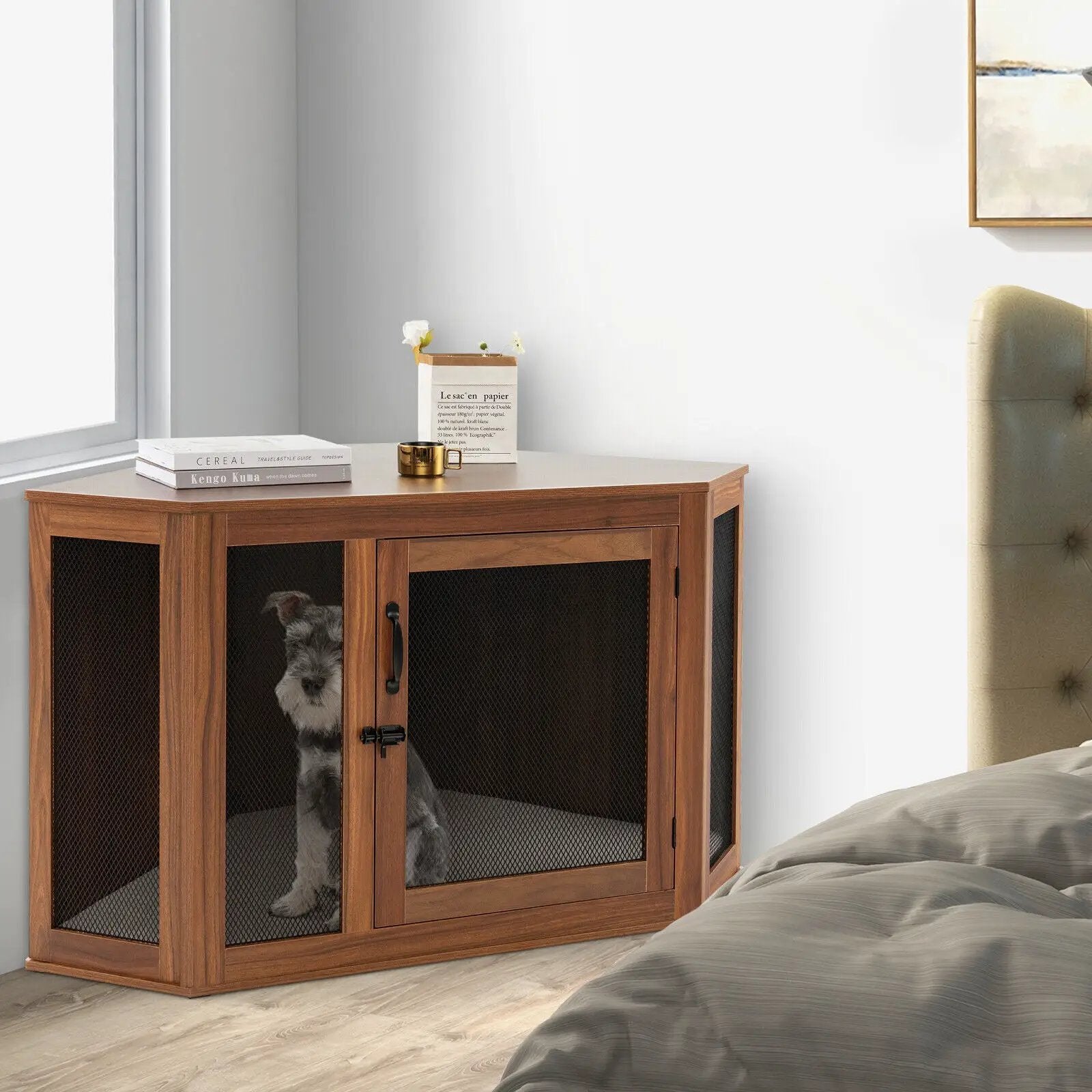 Corner Dog Kennel with Mesh Door and Cushion-Brown by DirectDeals