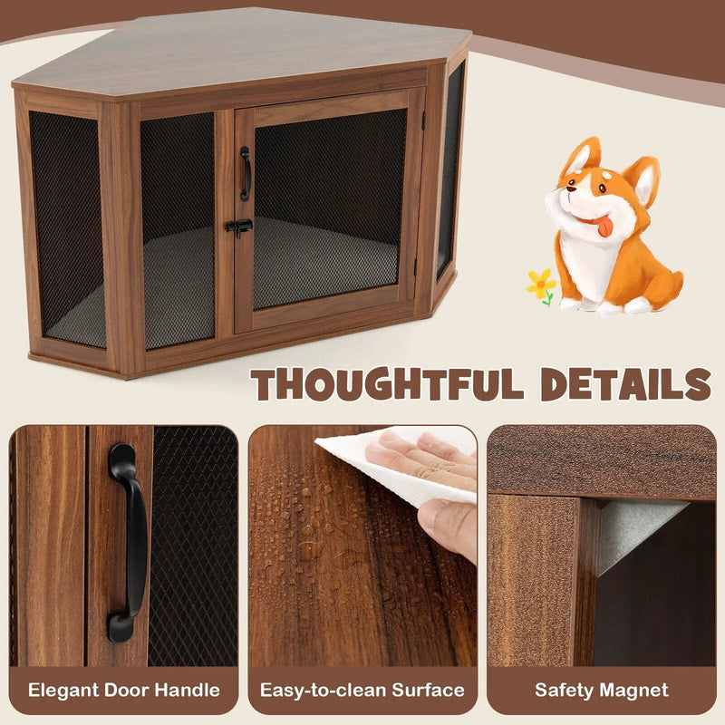 Corner Dog Kennel with Mesh Door and Cushion-Brown by DirectDeals