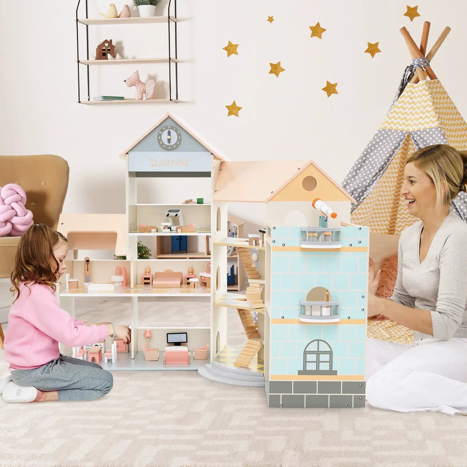 Wooden Corner Dollhouse Playset with 41 Pieces of Accessories for Kids 3+ Years Old-Orange by DirectDeals