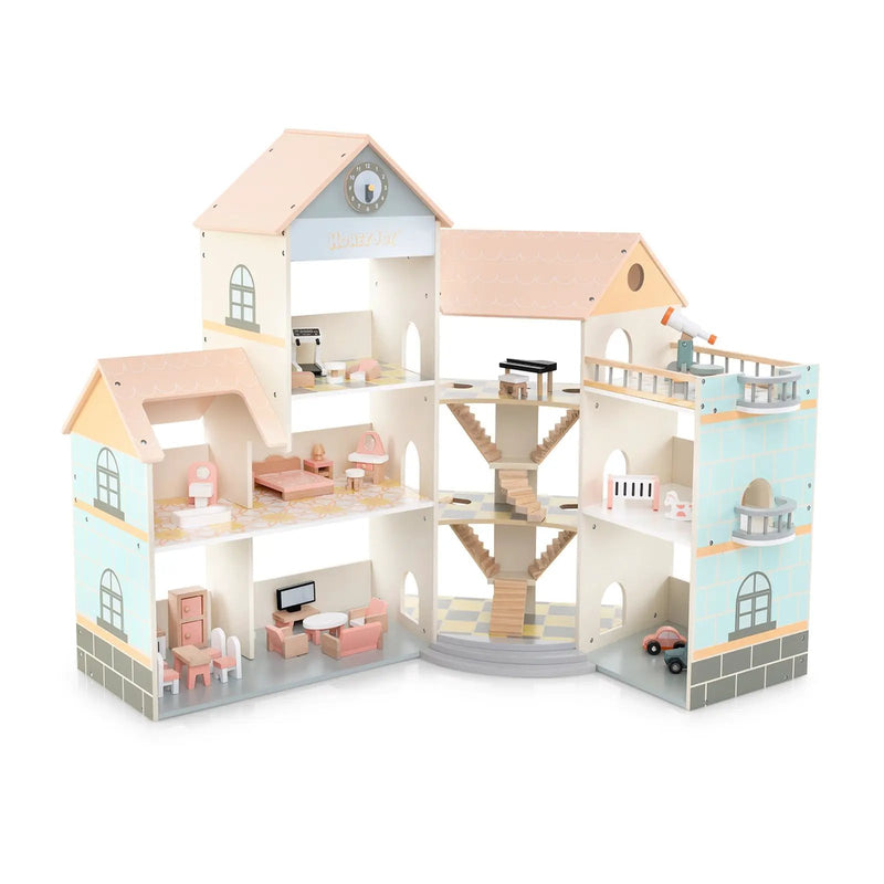 Wooden Corner Dollhouse Playset with 41 Pieces of Accessories for Kids 3+ Years Old-Orange by DirectDeals