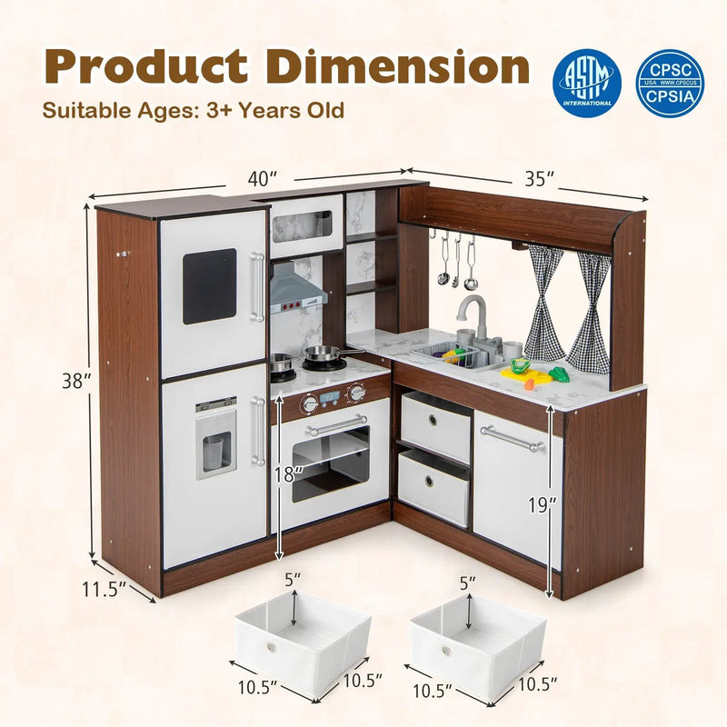 Wooden Corner Play Kitchen with Water Circulation System and Lights-Brown by DirectDeals