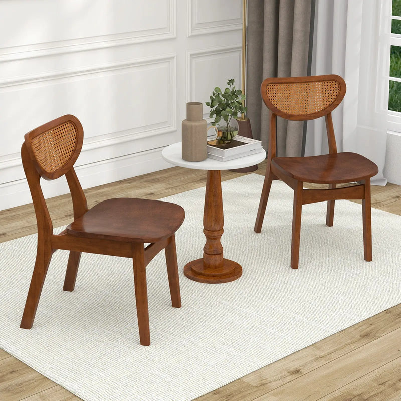 Wooden Dining Chair Set of 2 with Breathable Mesh Cane Backrest-Walnut by DirectDeals