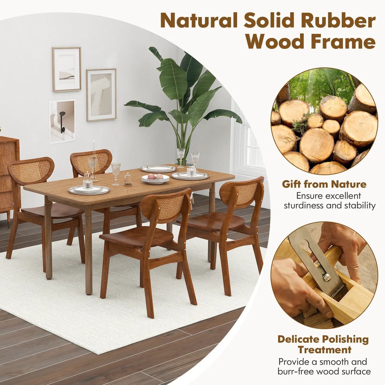 Wooden Dining Chair Set of 2 with Breathable Mesh Cane Backrest-Walnut by DirectDeals