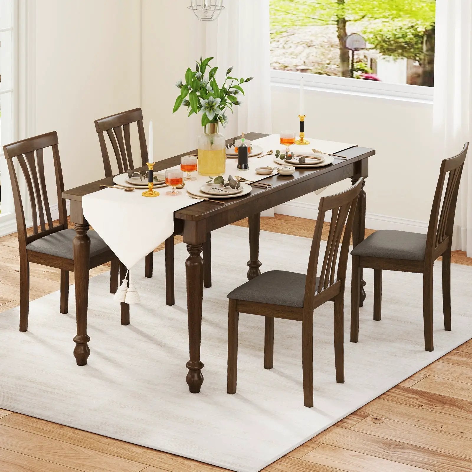Wooden Dining Chairs Set of 2 with Linen Fabric Upholstered and Rubber Wood Frame-Brown by DirectDeals