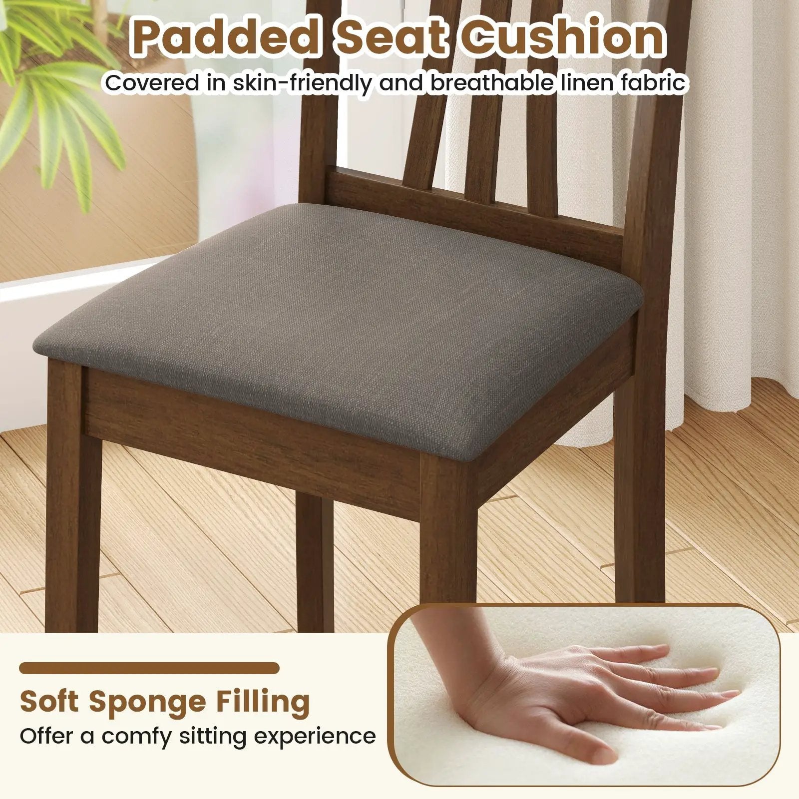 Wooden Dining Chairs Set of 2 with Linen Fabric Upholstered and Rubber Wood Frame-Brown by DirectDeals