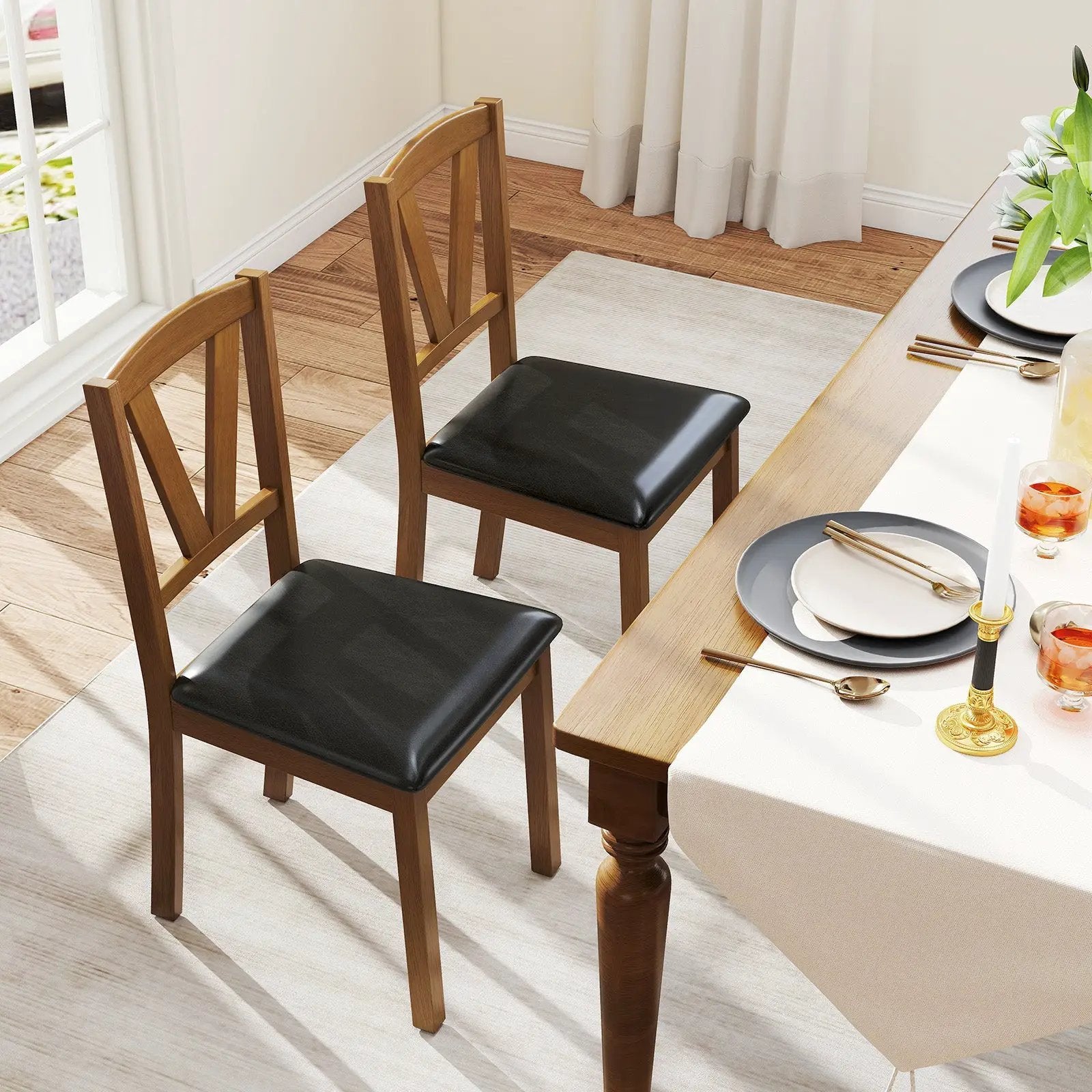 Wooden Dining Chair Set of 2 with PU Leather Upholstered and Rubber Wood Frame-Brown by DirectDeals