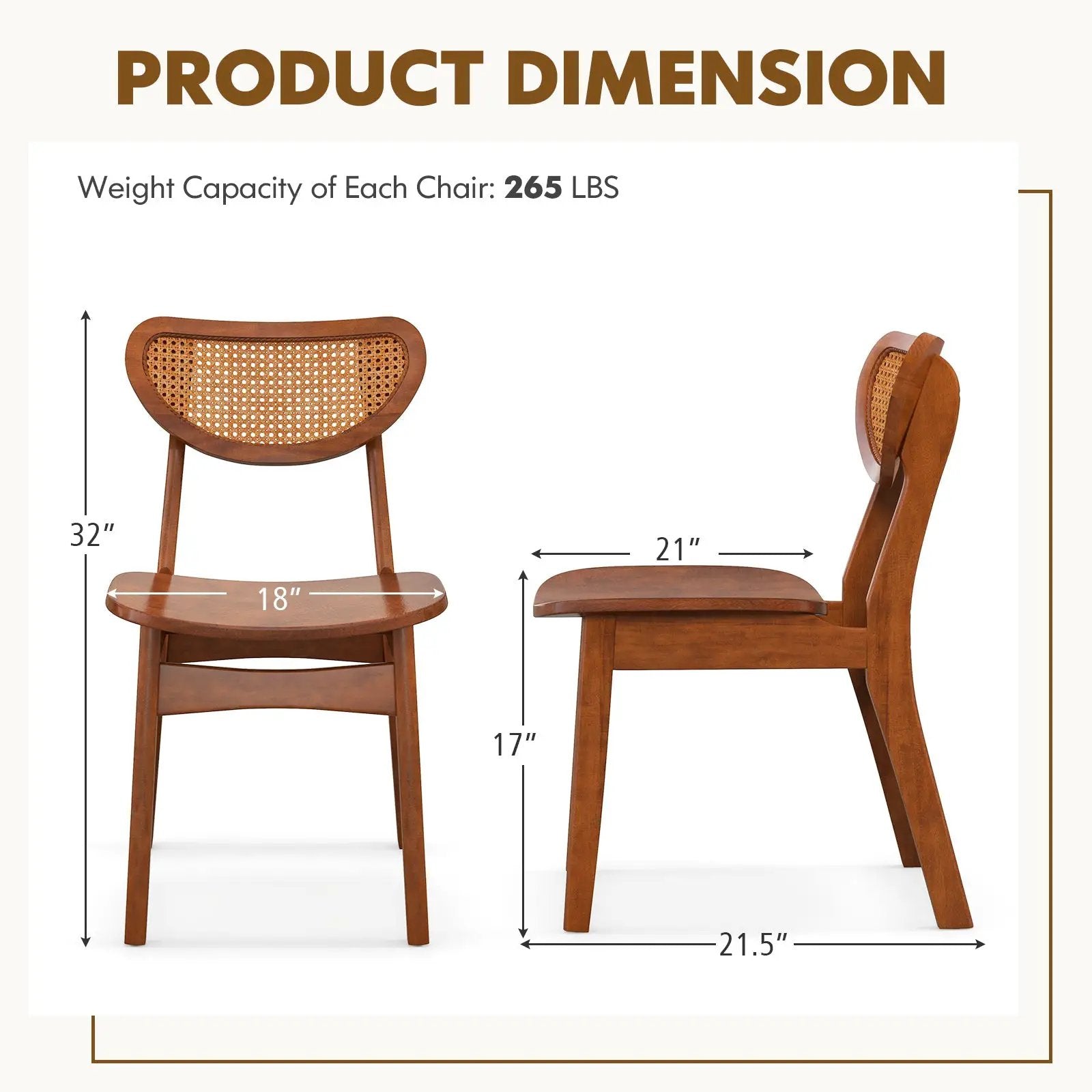 Wooden Dining Chair Set of 2 with Breathable Mesh Cane Backrest-Walnut by DirectDeals